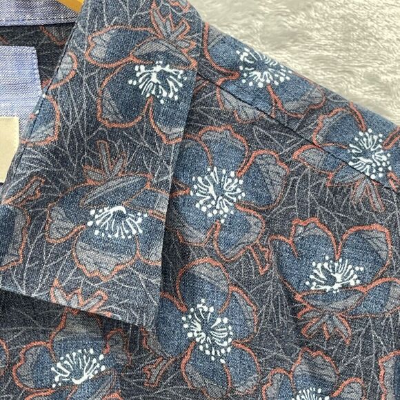 Joseph Abboud Shirt Mens Large Blue Hibiscus Floral Linen Blend Short Sleeve - Picture 3 of 13